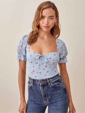 Reformation Delevan Top blue floral puffed sleeves women’s size 6
